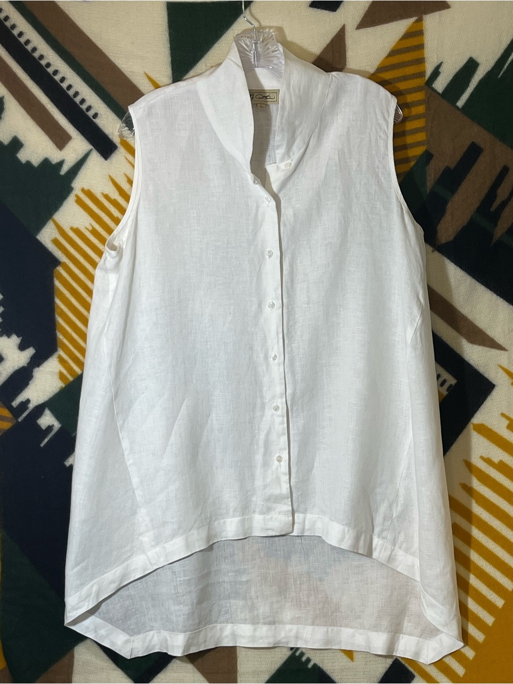 Sleeveless 100% Linen Women’s Large Button Front Tunic Top Hi-Lo Resort Career